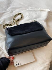 Fashionable Vintage Solid Color Flap Metal Chain Women's Shoulder Bag - Black - View 8