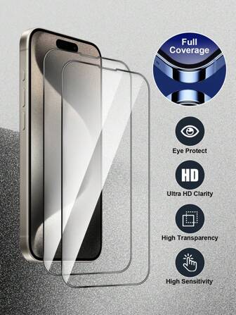 2pcs Ultra-Clear Full Screen Tempered Glass Screen Protector Compatible With Apple 17/17 Pro/17 Pro Max/16/16 Plus/15 Plus/15 Pro/15 Pro Max, Full Coverage Protection, Anti-Fingerprint, Waterproof, Scratch-Resistant, High Sensitivity, 9H Hardness, Shatterproof, Fits X-17 Series
