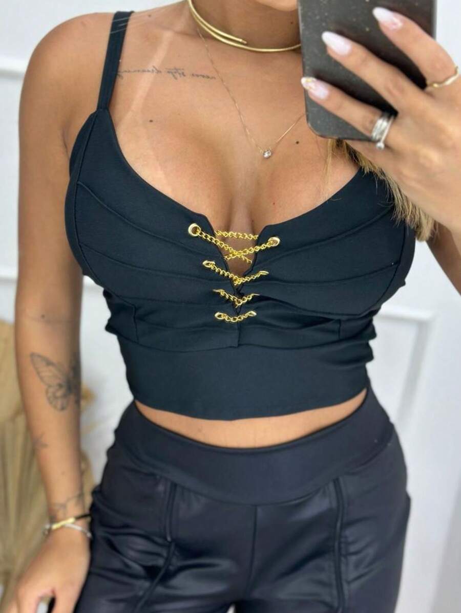 Cropped Corrente com Alcinha Franzido Verão Tendencia - Preto - Visão 1