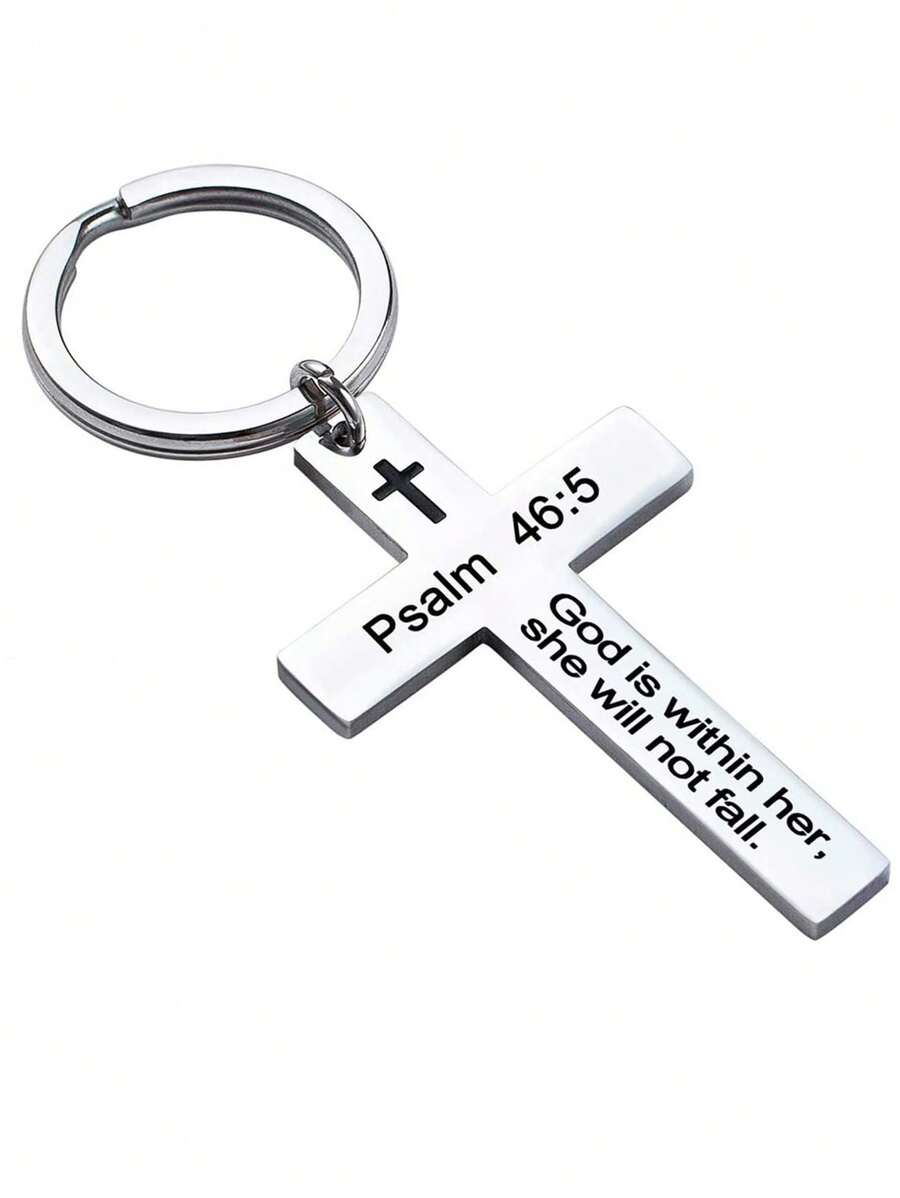 1pc Stainless Steel Christian Keychain With Cross Charm & Bible Verse