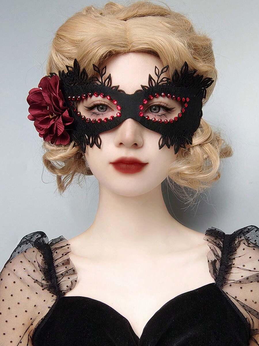 1pc Halloween Masquerade Party Rhinestone Half Face Princess Mask With Game Makeup Design, Adults' Cosplay & Photo Prop - Red - View 1