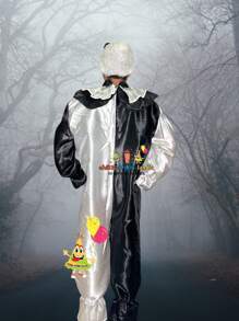 ART CLOWN HORROR TERRIFIE CLOWN COSTUME, SINISTER CLOWN HALLOWEEN COSTUME, WHITE AND BLACK OVERALL AND MASK FOR ADULT, MEN OR WOMAN COSTUME - Black and White - View 3