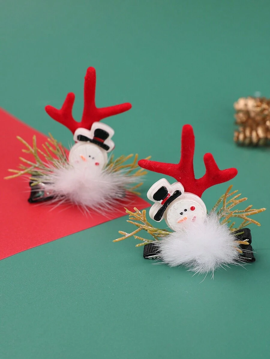 2 件裝女士聖誕派對髮夾,側面飾有雪人、馴鹿角裝飾
