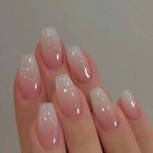 24入組t形假指甲,短款芭蕾粉色漸變假指甲,霜糖條形壓縮假甲,設計給女性、女孩和學生再次使用的短款芭蕾假甲,附送1份果凍膠和1份指甲文件