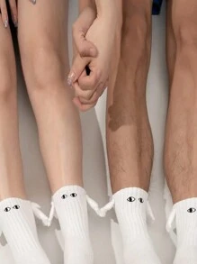2pairs Magnetic Hand Holding Couple Socks, White Color, Spring And Autumn, Cute Anti-Skid Stockings With Magnet, Middle Tube Socks, Fall