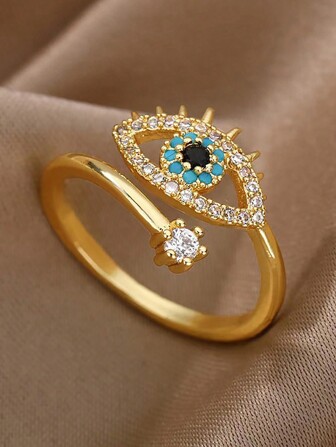 1pc Fashionable Evil Eye Decor Cubic Zirconia Open Ring For Daily Wear, Women