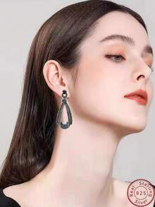 1對新款藍色水滴鑲嵌耳墜,韓版復古時尚女士耳飾