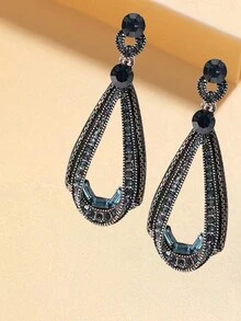 1對新款藍色水滴鑲嵌耳墜,韓版復古時尚女士耳飾