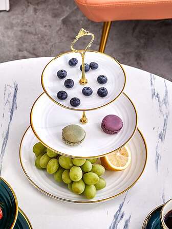 1 Pieza Bandeja Organizadora De Bocadillos Y Frutas De 3 Capas Con Capas Desmontables En Blanco/ Borde Dorado, Hecha De Pvc