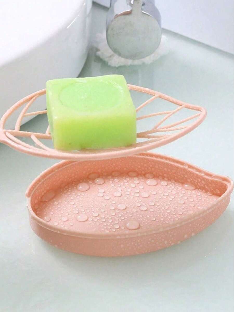1入組塑料皂盤現代葉形浴室瀝水皂盤架 - 粉色 - 查看 1
