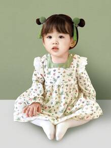 YOUQi 寶寶女孩長袖中式印花禮服,適合室內外穿著,適用於1周歲生日派對,四季皆宜