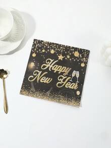 20入組33*33cm/13*13in一次性餐巾紙,黑色佐金色光芒與酒杯印花,新年派對必備用品 - 彩色 - 查看 3