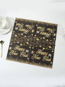 20入組33*33cm/13*13in一次性餐巾紙,黑色佐金色光芒與酒杯印花,新年派對必備用品 - 彩色 - 查看 4