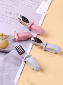 1set/2pcs Stainless Steel Short Handle Fork & Spoon Set For Babies' Self-feeding Training, Including Cartoon Silicone Fork, Etc.