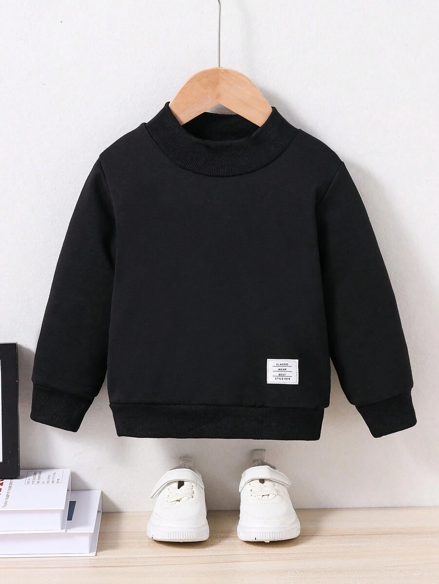 Kids' Round Neck Sweatshirt With Embroidered Letter Patch, Sports Style - Black - View 1