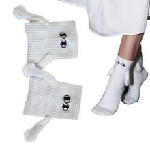 2 Pairs Magnetic White Couple's Hand Holding Socks, Cute Doll Gag Gift Crew Socks, Unisex