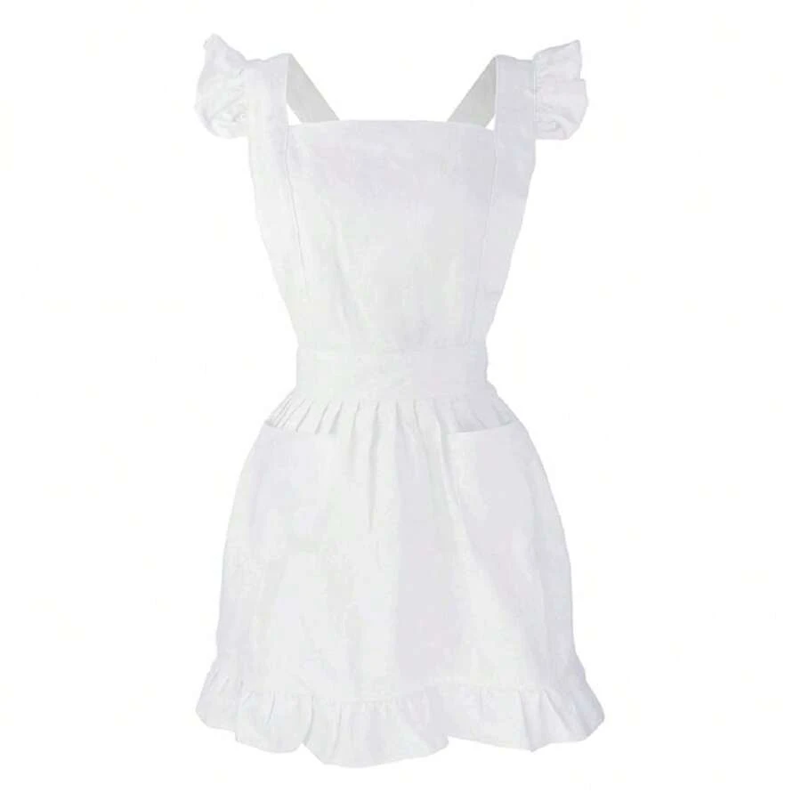 1 pieza Delantal blanco fruncido ribete ajustable con bolsillos , cosplay cocina cocinar limpieza ropa de trabajo - Blanco - Ver 1