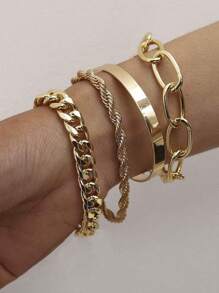 4pcs/set Punk Style Simple Twisted Metal Rope Chain Bracelets For Women - Yellow Gold - View 1