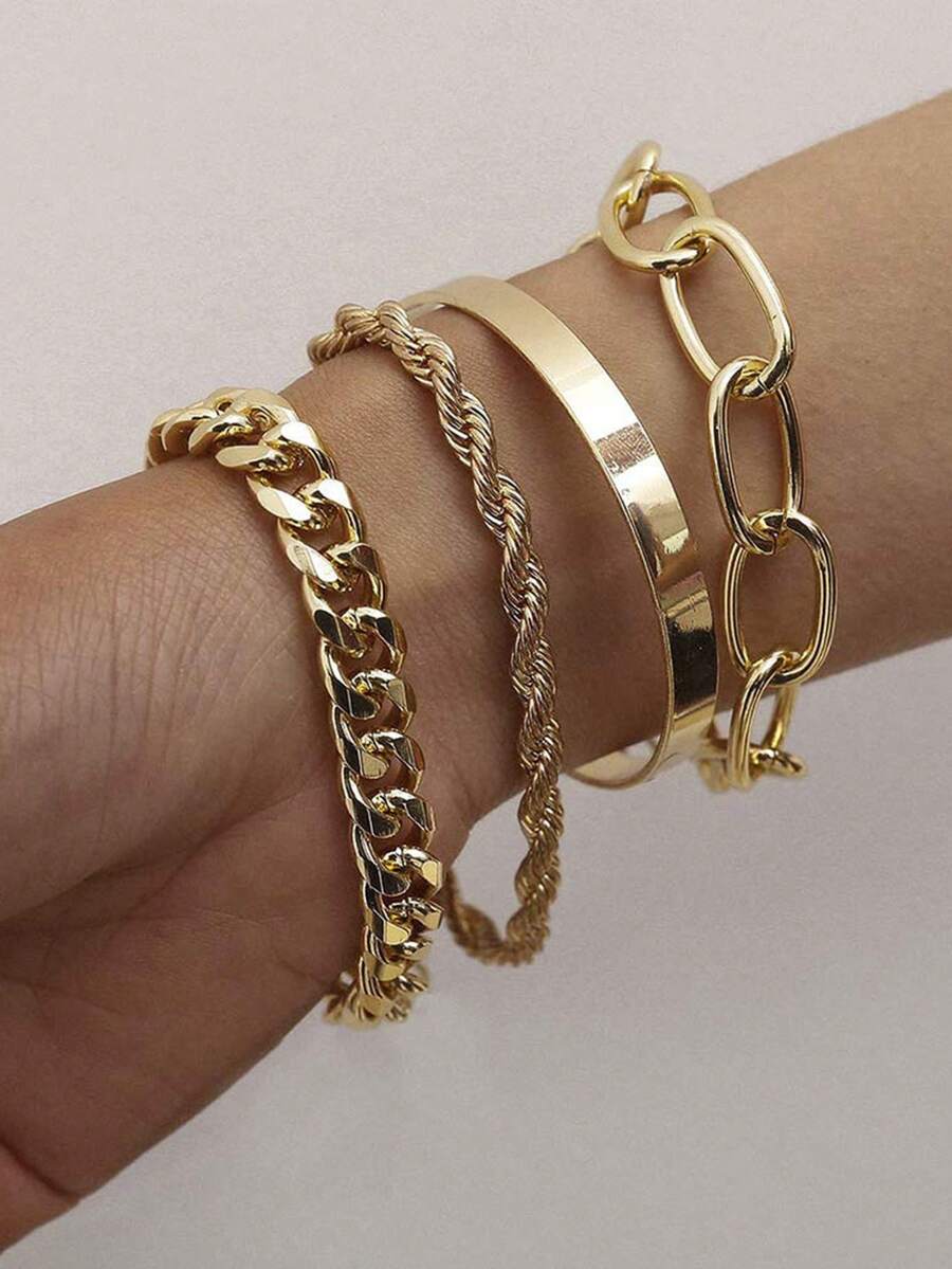 4pcs/set Punk Style Simple Twisted Metal Rope Chain Bracelets For Women - Yellow Gold - View 1