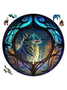 1 件套趣味不对称木块孤狼图案成人解压玩具家庭派对装饰挂图木制拼图 - 彩色 - 查看 1