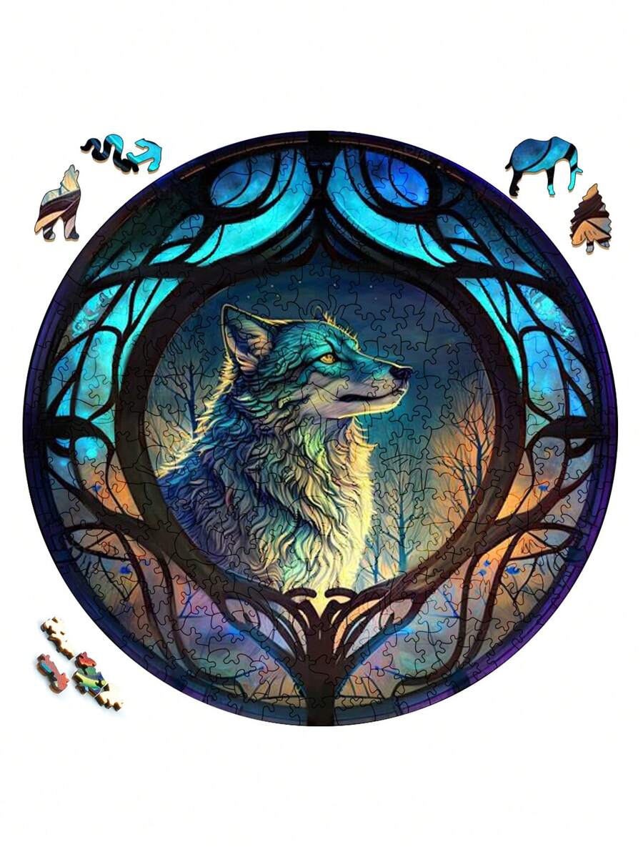 1 件套趣味不对称木块孤狼图案成人解压玩具家庭派对装饰挂图木制拼图 - 彩色 - 查看 1