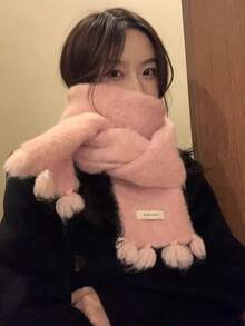 1pc Women's Pink Solid Color Tassel Scarf With Polyester Fiber And Fabric Label - Pink - View 3