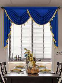 1pc Solid Color Window Curtain, European Style Polyester Material With Beaded Edge, Suitable For Living Room, Bedroom, And Door Decoration - Blue - View 6