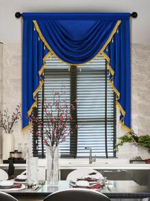1pc Solid Color Window Curtain, European Style Polyester Material With Beaded Edge, Suitable For Living Room, Bedroom, And Door Decoration - Blue - View 10