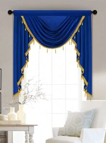 1pc Solid Color Window Curtain, European Style Polyester Material With Beaded Edge, Suitable For Living Room, Bedroom, And Door Decoration - Blue - View 8