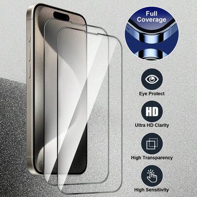2 miếng kính cường lực toàn màn hình siêu trong suốt tương thích với Apple 17/17 Pro/17 Pro Max/16/16 Plus/15 Plus/15 Pro/15 Pro Max, bảo vệ toàn diện, chống vân tay, chống thấm nước, chống trầy xước, độ nhạy cao, độ cứng 9H, chống vỡ, phù hợp với dòng X-17