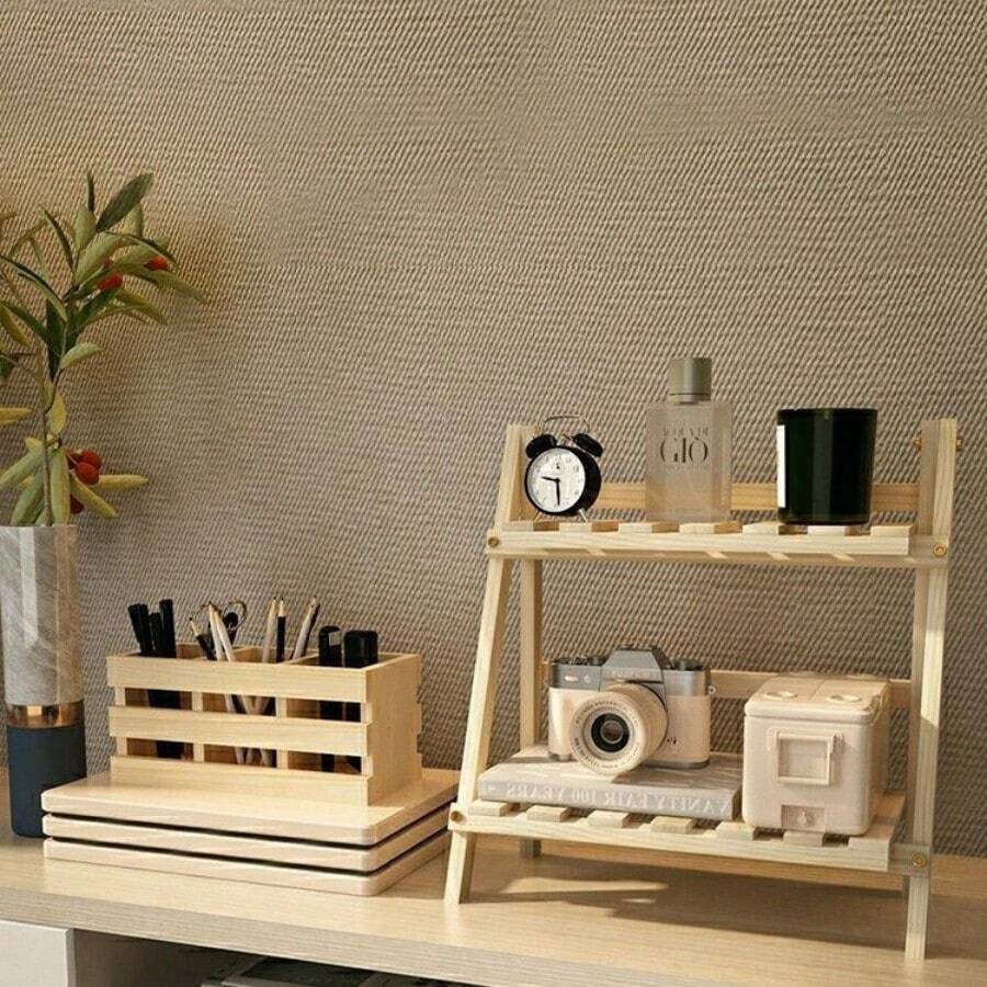 Double-layer Wooden Desk Organizer, Natural Wood Double-layer Desktop Storage Rack For Dormitory, Bedroom And Office - White - View 1