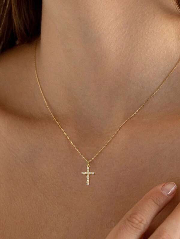 1pc Delicate Simple 18k Gold Plated Cross Pendant Stainless Steel Necklace With Micro-inlaid Cz Stone
