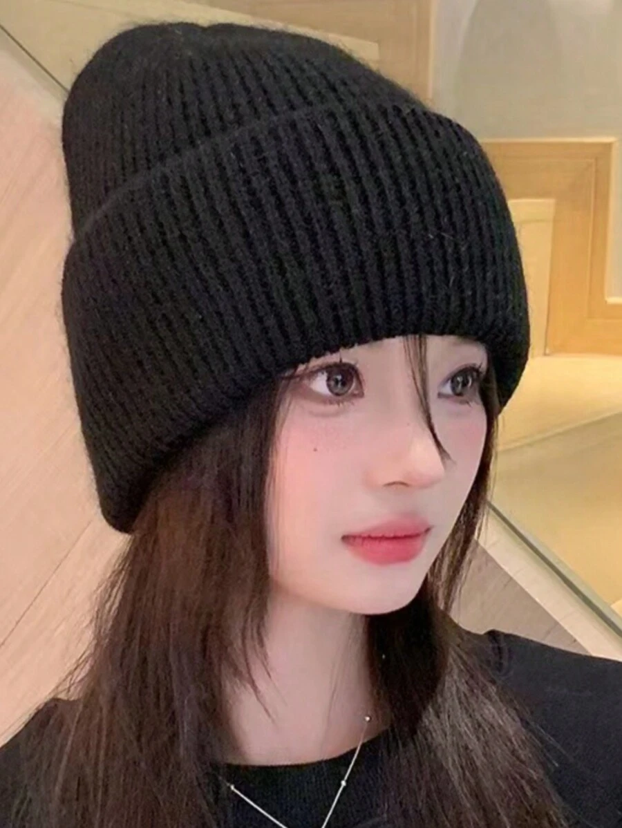 1 件女用捲邊雙層純色針織帽,時尚保暖,適合秋冬戶外活動 - 黑色 - 查看 1