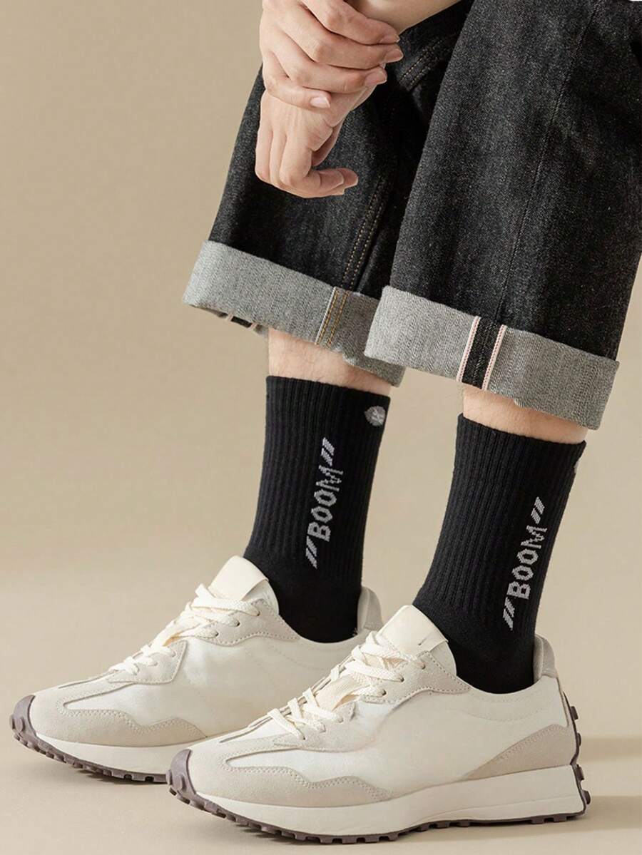 5pairs Men'S Mid-Calf Socks With Fashionable Design Combining Patterns & Letters, Comfortable & Breathable With Appropriate Elasticity - Black - View 1
