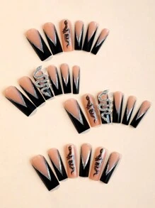 24 Cái/bộ Dài Thêm Họa Tiết Rắn Lấp Lánh Sọc Quan Tài Giả Móng Tay Mát Ấn Vào Móng Tay Bộ Dụng Cụ Làm Móng Tay Móng Tay Tiếp Liệu - Nhiều màu - Xem 2