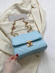 女士拼接格紋斜背包,時尚鍊條手拿包,單肩包,方形包