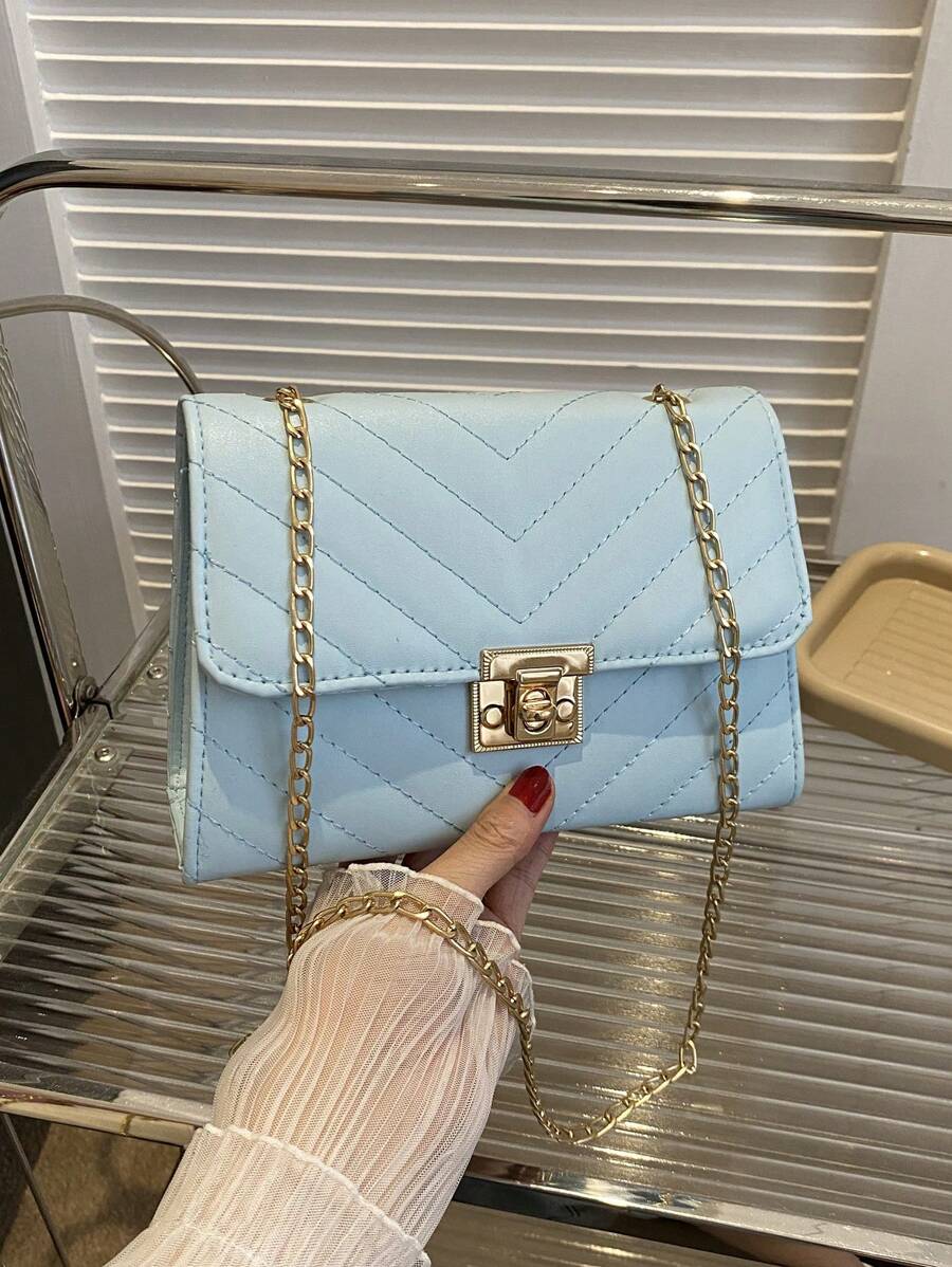 女士拼接格紋斜背包,時尚鍊條手拿包,單肩包,方形包