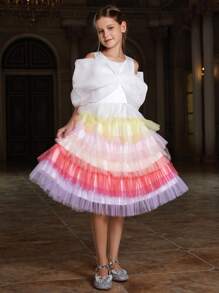 Tween Girl's Sleeveless Rainbow Mesh Hem Dress With Big Bow Detail
