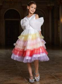 Tween Girl's Sleeveless Rainbow Mesh Hem Dress With Big Bow Detail