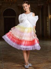 Tween Girl's Sleeveless Rainbow Mesh Hem Dress With Big Bow Detail