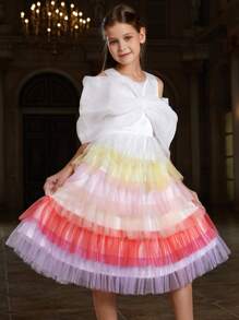 Tween Girl's Sleeveless Rainbow Mesh Hem Dress With Big Bow Detail