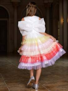 Tween Girl's Sleeveless Rainbow Mesh Hem Dress With Big Bow Detail