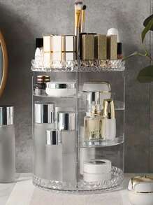 1個360度旋轉化妝品整理盤,透明化妝品展示台,大容量梳妝台收納架,帶5個可調diy托盤,適用於口紅、刷具、臉霜、眼影、指甲油和珠寶,化妝品收納盒適用於桌面,浴室,梳妝臺-透明 - 白色 - 查看 2