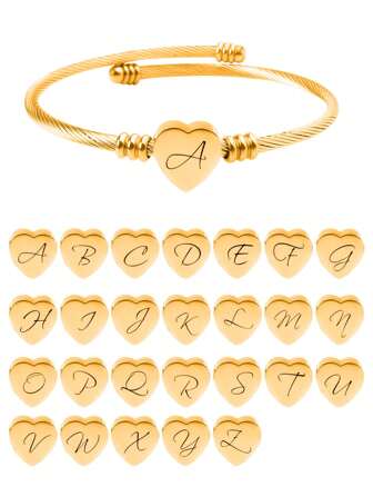 1 件 26 字母心形不锈钢雕刻开口手链，适合女性日常佩戴，情人节、妈妈、母亲、母亲节、礼物