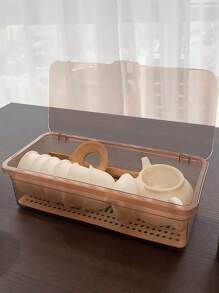 1個家用雙層茶具收納盒,有蓋子,桌面收納盒,防塵廚房筷子收納容器 - 咖啡棕 - 查看 2