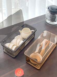 1個家用雙層茶具收納盒,有蓋子,桌面收納盒,防塵廚房筷子收納容器 - 咖啡棕 - 查看 3