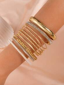 10pcs Fashionable Faux Pearl Twisted Bangle Bracelet Set - Yellow Gold - View 3