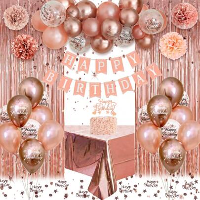 Rose Gold Balloon Birthday Party Rain Curtain Decoration Set - 12in Pearl Rose Gold*15, 12in Metallic Rose Gold*10, 12in Metallic Rose Gold(White Printed)*5, 12in Rose Gold Confetti Balloon(Black Printed)*5, 10in Peach Paper Flower*1, 10in No.1 Color*1, 10in No.3 Color*1, 10in Rose Gold Paper Flower*1, 1m*2m Rain Curtain*1, 10g Rose Gold Confetti*1, 137*183cm Tablecloth*1, Custom Banner*1, Tag*1, Ribbon*1, Christmas
