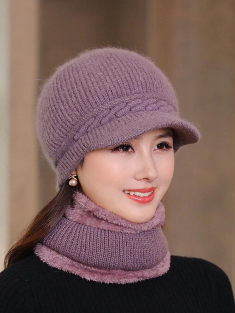 1組【1帽子+1圍巾】女性帽子和圍巾組合,秋冬基本針織貝雷帽 /無邊帽和棒球帽,溫暖兩件套組合,y2k帽子組 - 淡紫色 - 查看 1
