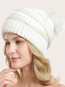 1pc Women's Knitted Beanie With Pom Pom And Pearl Decoration, Casual And Fashionable White Warm Hat For Winter - White - View 3